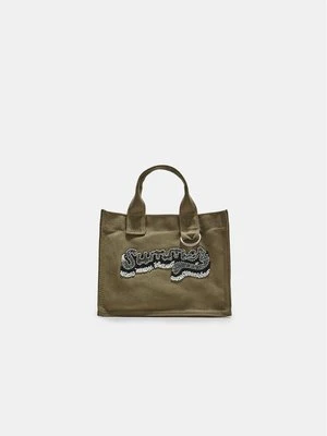 Stradivarius Torba shopper z płótna z haftem  Khaki