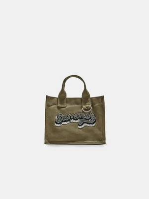 Stradivarius Torba shopper z płótna z haftem  Khaki