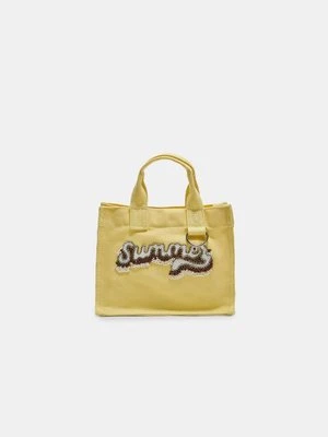 Stradivarius Torba shopper z płótna z haftem  Żółty pastelowy