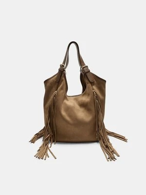 Stradivarius Torba maxi z frędzlami ze sztucznego zamszu  Karmelowy