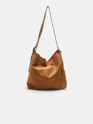 Stradivarius Torebka typu bucket ze sztucznego zamszu z ozdobnym uchwytem Jasny wielbłądzi