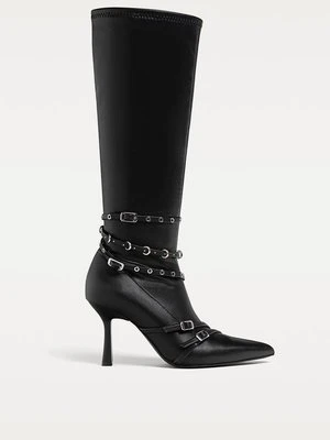 Stradivarius Wysokie kozaki z klamrami  Czarny