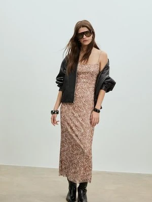 Stradivarius Wzorzysta sukienka midi z tiulu  Brązowy