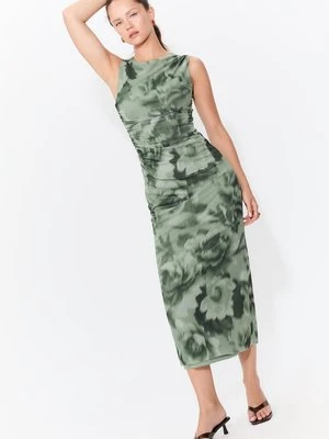 Stradivarius Wzorzysta sukienka midi z tiulu  Khaki