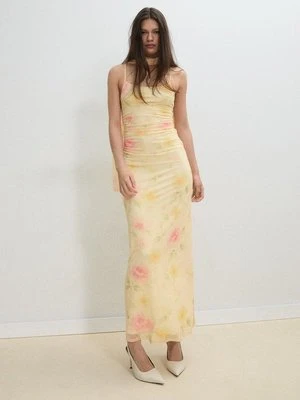 Stradivarius Wzorzysta sukienka midi z tiulu  Złoty