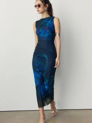 Stradivarius Wzorzysta sukienka średniej długości z tiulu  Morski