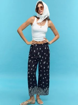 Stradivarius Wzorzyste spodnie culotte z lnem  Ciemnomorski