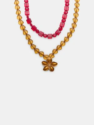 Stradivarius Zestaw 2 naszyjników z koralikami i kwiatem  Musztardowy