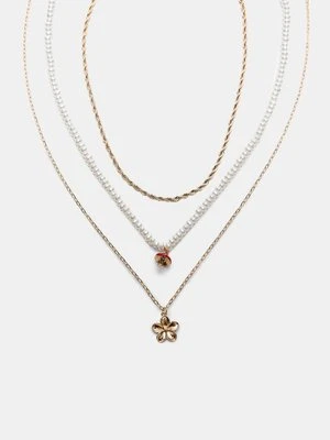 Stradivarius Zestaw 3 naszyjników z grzybkiem i kwiatkiem  Złoty