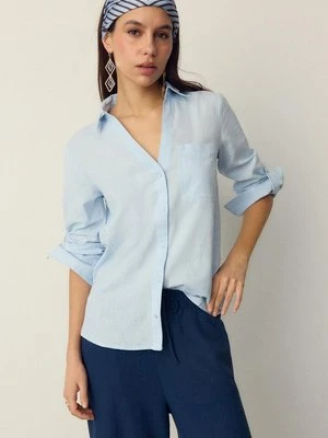 Stradivarius Zwiewna koszula z kieszenią imitującą len  Błękitny