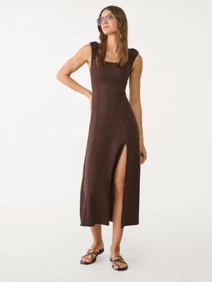 Stradivarius Zwiewna sukienka midi z lnem, z krzyżowanymi paskami na plecach  Brązowy