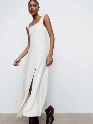 Stradivarius Zwiewna sukienka midi z lnem, z krzyżowanymi paskami na plecach  Kamień