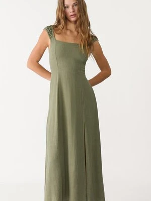 Stradivarius Zwiewna sukienka midi z lnem, z krzyżowanymi paskami na plecach  Khaki