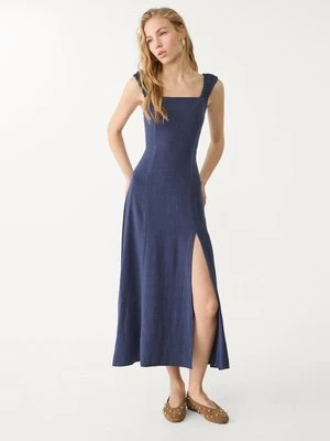 Stradivarius Zwiewna sukienka midi z lnem, z krzyżowanymi paskami na plecach Morski