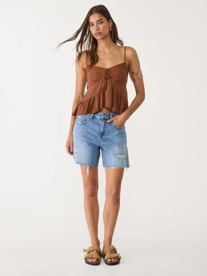 Stradivarius Zwiewny top z falbanami i haftami  Brązowy