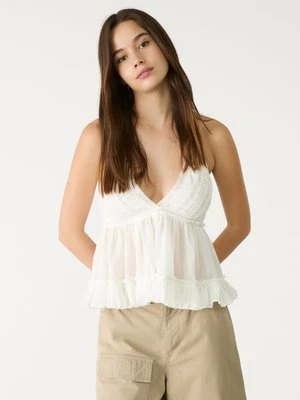 Stradivarius Zwiewny top z haftem, dekolt halter  Biały