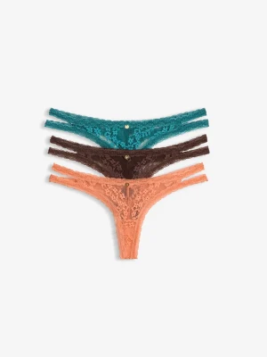 Stringi tanga z koronką w kwiaty (3 szt.) BonPrix brązowy