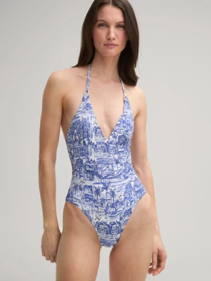 Strój kąpielowy z wiązaniem na karku w kolorze niebiesko-białym Joop