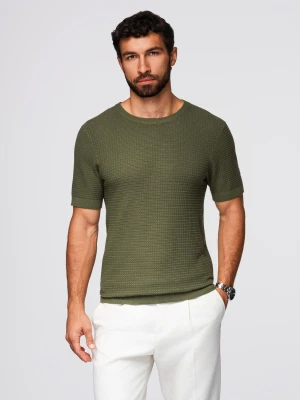 Zdjęcie produktu Strukturalna dzianinowa koszulka męska - oliwkowa V1 - Rozmiar: M Ombre Clothing