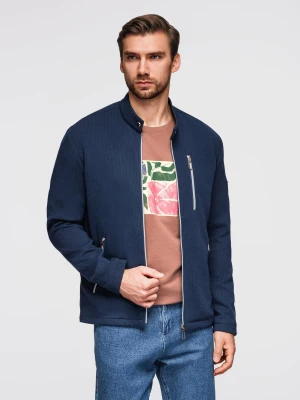 Strukturalna kurtka biker męska ze stójką – ciemnoniebieska V1 - Rozmiar: XL Ombre Clothing