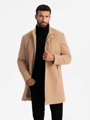 Strukturalny dopasowany płaszcz męski z wysokim kołnierzem – jasnobrązowy V4 - Rozmiar: XL Ombre Clothing