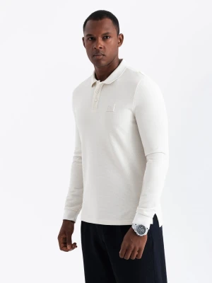 Strukturalny longsleeve męski polo z naszywką – biały V2 - Rozmiar: M Ombre Clothing