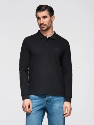 Strukturalny męski longsleeve polo z naszywką – czarny V1 - Rozmiar: S Ombre Clothing