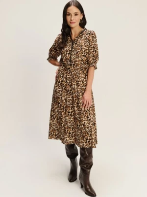 Stylowa sukienka midi z rękawem do łokcia print animal Greenpoint