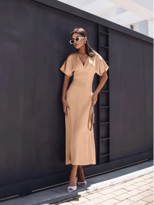 Stylowa sukienka midi z satyny NOREJA - beżowa  magmac 