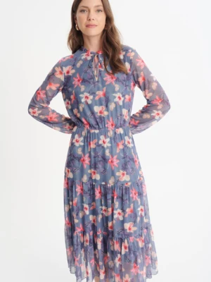 Stylowa sukienka z riuszką i wiązaniem, kwiatowy nadruk Greenpoint