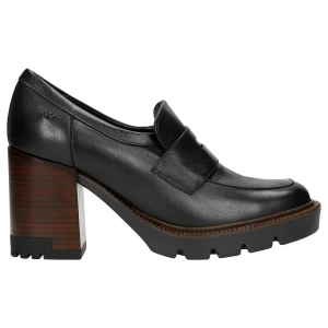 Czarne mokasyny damskie na wysokim obcasie i podeszwie z bieznikiem 46239-51 Wojas