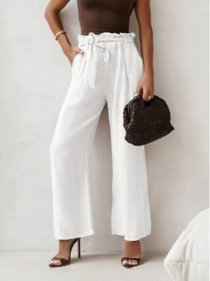 Stylowe lniane spodnie z paskiem ASKAR - białe  magmac 