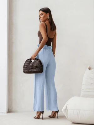 Stylowe lniane spodnie z paskiem ASKAR - błękitne  magmac 