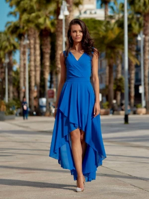 Sukienka asymetryczna chabrowa niebieska maxi z krótszym przodem na szerokich ramiączkach kopertowy dekolt Cyntia PERFE