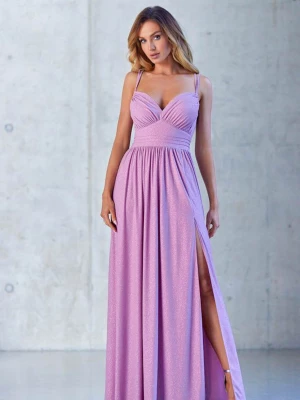 Bella elegancka długa brokatowa różowa sukienka PERFE