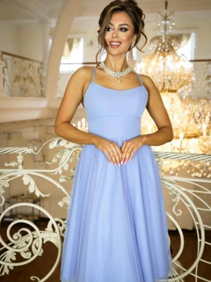 Sukienka błękitna rozkloszowana z tiulowym dołem midi na wesele Niki PERFE