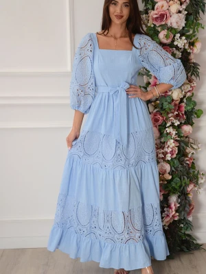 Sukienka boho maxi ażurowe wstawki niebieska Edme Cocomoda.pl - odzież damska, sukienki, buty, dodatki