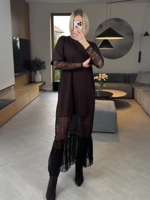 Sukienka Brązowa Maxi z Koronką ClothStore