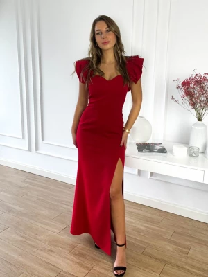 Sukienka Carmen czerwona długa dopasowana z rozcięciem maxi wieczorowa PERFE