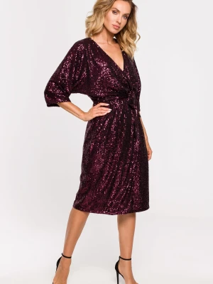 Sukienka cekinowa midi z wiązaniem kopertowy dekolt bordowa Moe