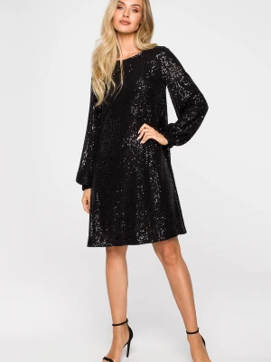 Sukienka cekinowa trapezowa z paskiem błyszcząca czarna Moe