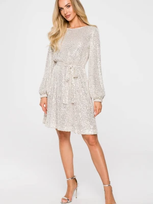 Sukienka cekinowa trapezowa z paskiem błyszcząca szampańska Moe