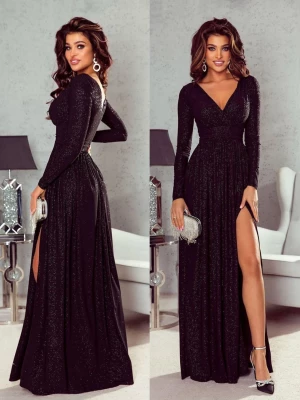Sukienka czarna maxi brokatowa elegancka na długi rękaw balowa Promise2 PERFE
