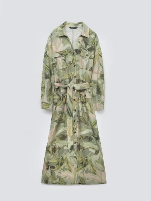 Sukienka damska midi lniana z wiązaniem w pasie zielona Jala 301 BIG STAR