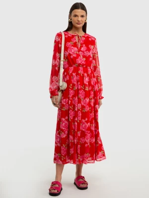 Sukienka damska midi z kwiatowym motywem czerwona Malini 603 BIG STAR