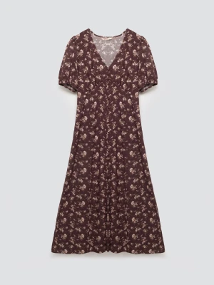 Sukienka damska midi z wiskozy w kwiatowy wzór brązowa Pala 804 BIG STAR