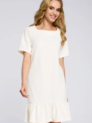 Sukienka dzianinowa trapezowa z falbaną kwadratowy dekolt ecru Moe