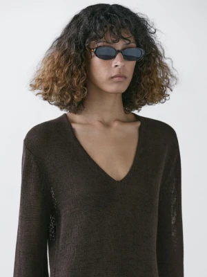 Sukienka Dzianinowa Z Domieszką Bawełny - Czerwonawy Brąz - - Massimo Dutti - Kobieta