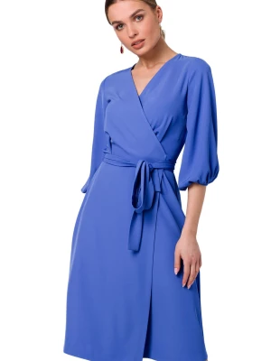 Sukienka elegancka kopertowa z bufiastymi rękawami niebieska Stylove