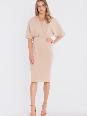 Sukienka elegancka midi kimonowa góra dopasowany dół beżowa Stylove